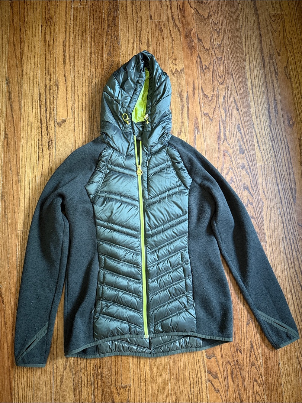 Michael Kors Olive Green Quilted Hybrid Hooded Jacket with Lime Accents